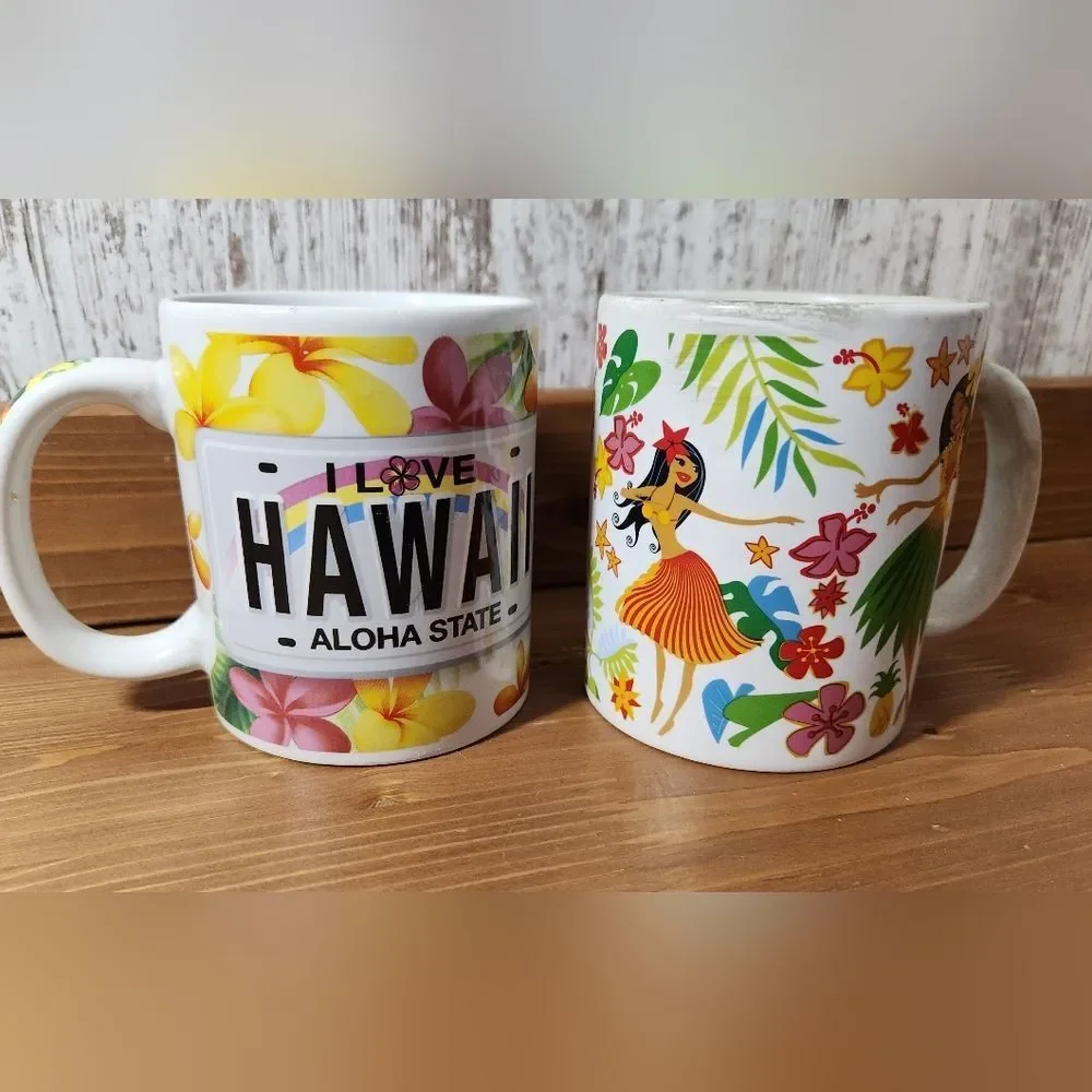 Hawaii Aloha State & Floral Hulu Girl Coffee Mug Set